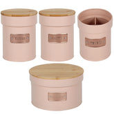 Conjunto 4 Latas Decorativas Sugar Coffee Biscuit Utensils em Metal com Tampas de Bambu Yoi Rosa